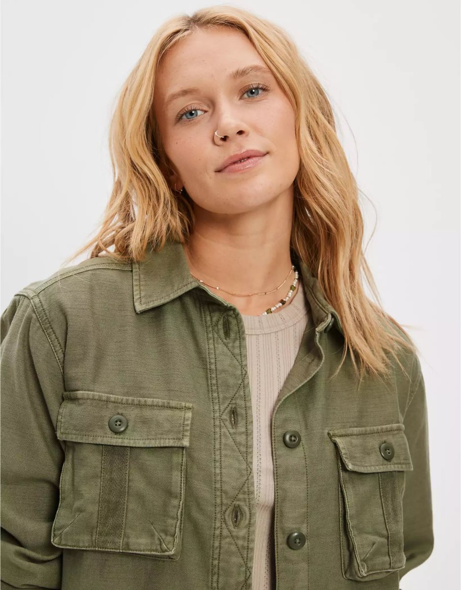 Chemises American Eagle AE Long-Sleeve Cargo Button-Up Vert Olive Femme | YLR-71479082